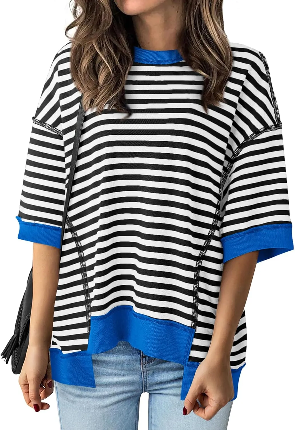 BTFBM Women Oversized Striped T Shirts Short Sleeve Summer Tops Casual Loose Crewneck High Low Hem Color Block Y2k Tees