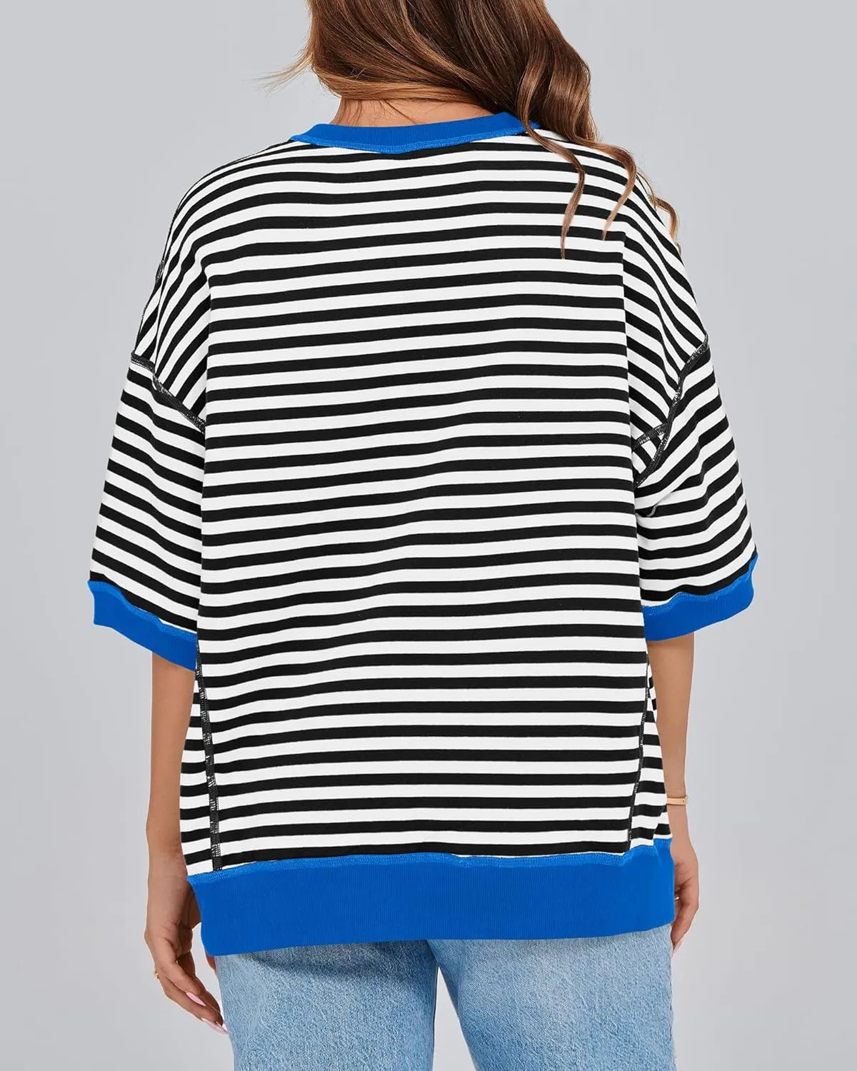 BTFBM Women Oversized Striped T Shirts Short Sleeve Summer Tops Casual Loose Crewneck High Low Hem Color Block Y2k Tees