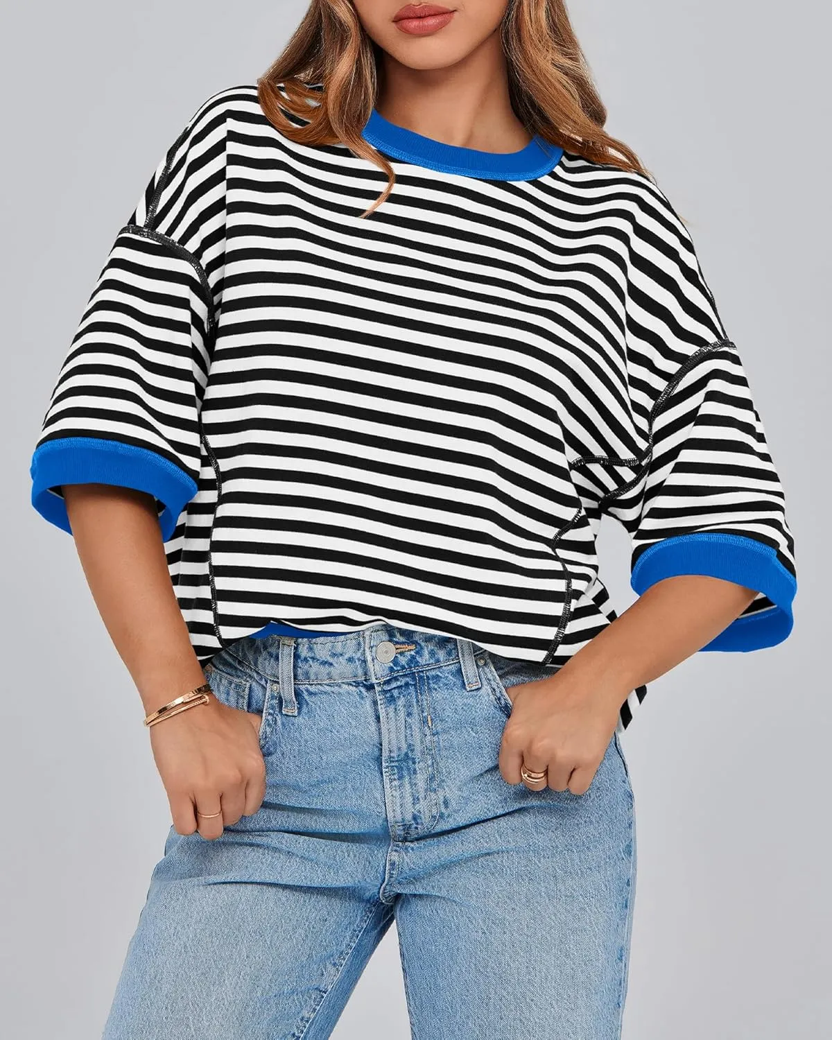 BTFBM Women Oversized Striped T Shirts Short Sleeve Summer Tops Casual Loose Crewneck High Low Hem Color Block Y2k Tees