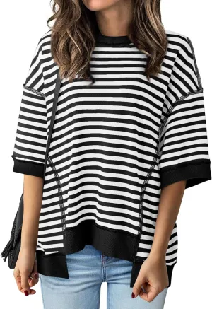 BTFBM Women Oversized Striped T Shirts Short Sleeve Summer Tops Casual Loose Crewneck High Low Hem Color Block Y2k Tees
