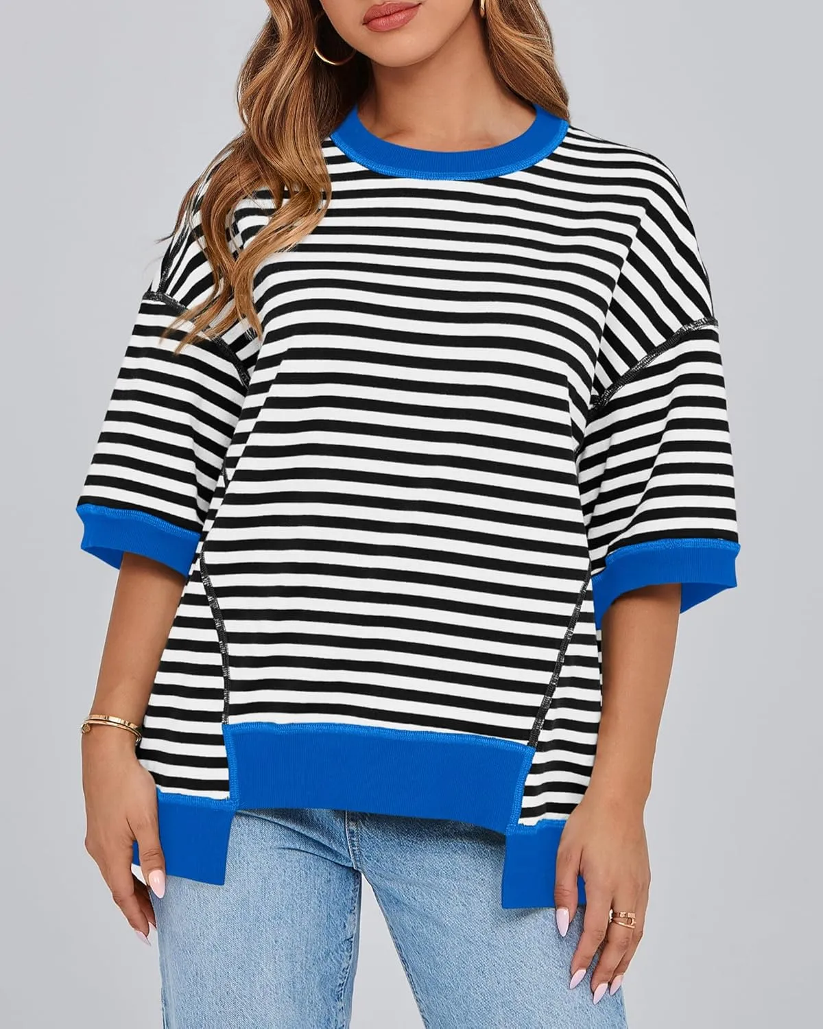 BTFBM Women Oversized Striped T Shirts Short Sleeve Summer Tops Casual Loose Crewneck High Low Hem Color Block Y2k Tees