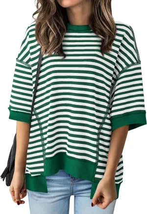BTFBM Women Oversized Striped T Shirts Short Sleeve Summer Tops Casual Loose Crewneck High Low Hem Color Block Y2k Tees