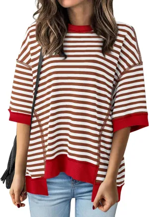 BTFBM Women Oversized Striped T Shirts Short Sleeve Summer Tops Casual Loose Crewneck High Low Hem Color Block Y2k Tees