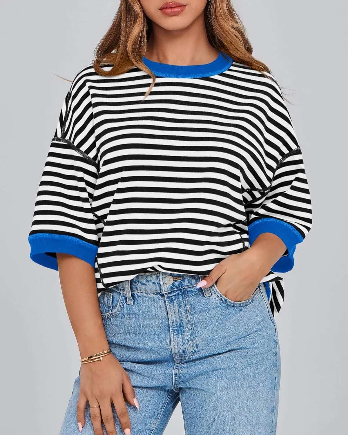BTFBM Women Oversized Striped T Shirts Short Sleeve Summer Tops Casual Loose Crewneck High Low Hem Color Block Y2k Tees