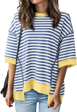 BTFBM Women Oversized Striped T Shirts Short Sleeve Summer Tops Casual Loose Crewneck High Low Hem Color Block Y2k Tees