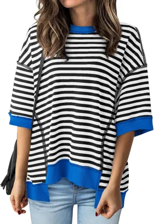 BTFBM Women Oversized Striped T Shirts Short Sleeve Summer Tops Casual Loose Crewneck High Low Hem Color Block Y2k Tees
