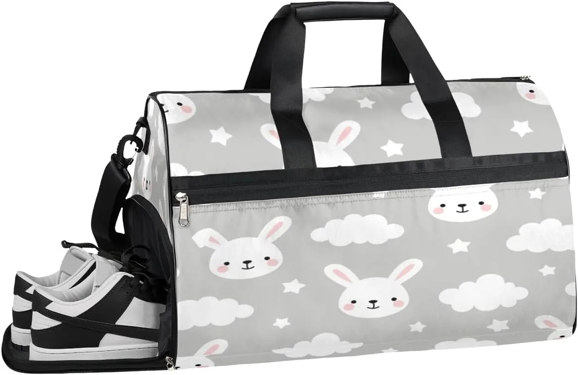 Bunny Cloud Resistant Sports Gym Bag for Women Men Travel Duffel bag with Wet Pocket & Shoes Compartment Waterproof Weekender Bag 19.7"x9.9"x13"