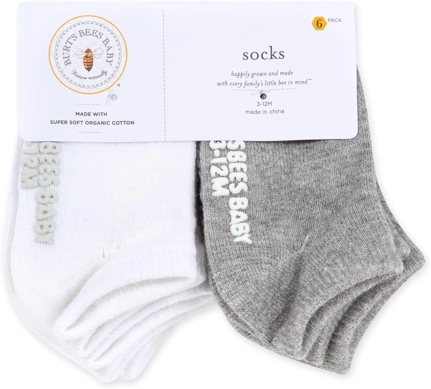 Burt's Bees Baby Unisex Baby Socks Ankle or Crew Height Made with Soft Organic Cotton, 6 Packs with Non-Slip Grips for Babies