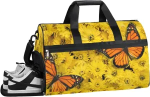Butterflies Chrysanthemums Resistant Sports Gym Bag for Women Men Travel Duffel bag with Wet Pocket & Shoes Compartment Waterproof Weekender Bag 19.7"x9.9"x13"