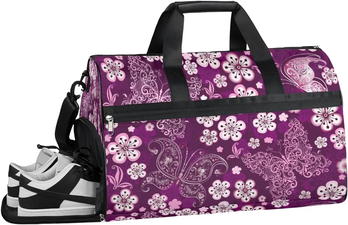 Butterfly Flower Resistant Sports Gym Bag for Women Men Travel Duffel bag with Wet Pocket & Shoes Compartment Waterproof Weekender Bag 19.7"x9.9"x13"