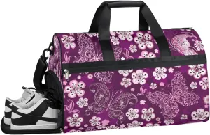 Butterfly Flower Resistant Sports Gym Bag for Women Men Travel Duffel bag with Wet Pocket & Shoes Compartment Waterproof Weekender Bag 19.7"x9.9"x13"