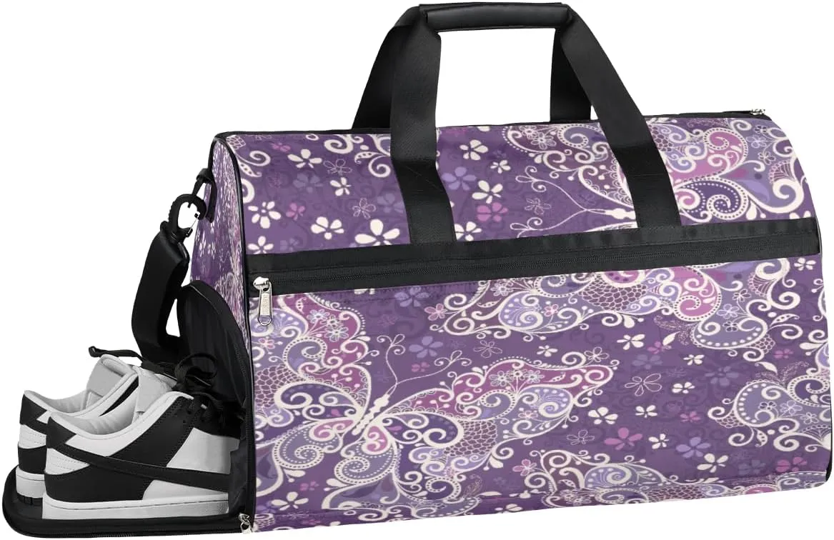 Butterfly Patterns Resistant Sports Gym Bag for Women Men Travel Duffel bag with Wet Pocket & Shoes Compartment Waterproof Weekender Bag 19.7"x9.9"x13"