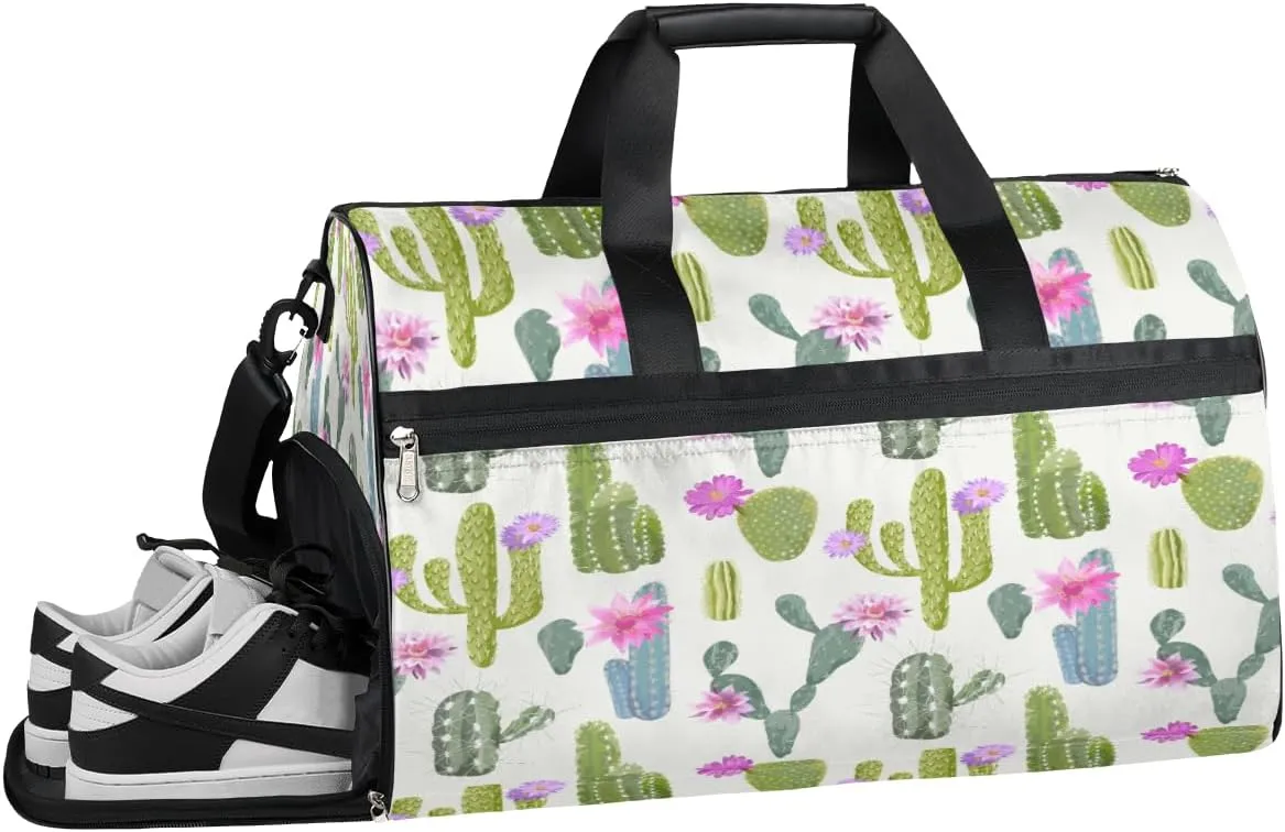 Cactus Floral Resistant Sports Gym Bag for Women Men Travel Duffel bag with Wet Pocket & Shoes Compartment Waterproof Weekender Bag 19.7"x9.9"x13"
