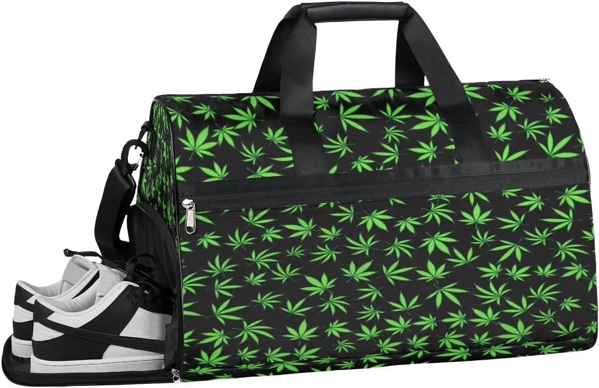 Cannabis Leaves Resistant Sports Gym Bag for Women Men Travel Duffel bag with Wet Pocket & Shoes Compartment Waterproof Weekender Bag 19.7"x9.9"x13"