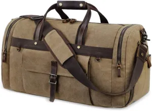 Canvas Travel Duffel Bag for Men 55L Large Capacity Duffel Overnight Weekend Bag Retro Carry on Bag Shoulder Handbag for Travel Business Sports School Outdoor (Khaki)