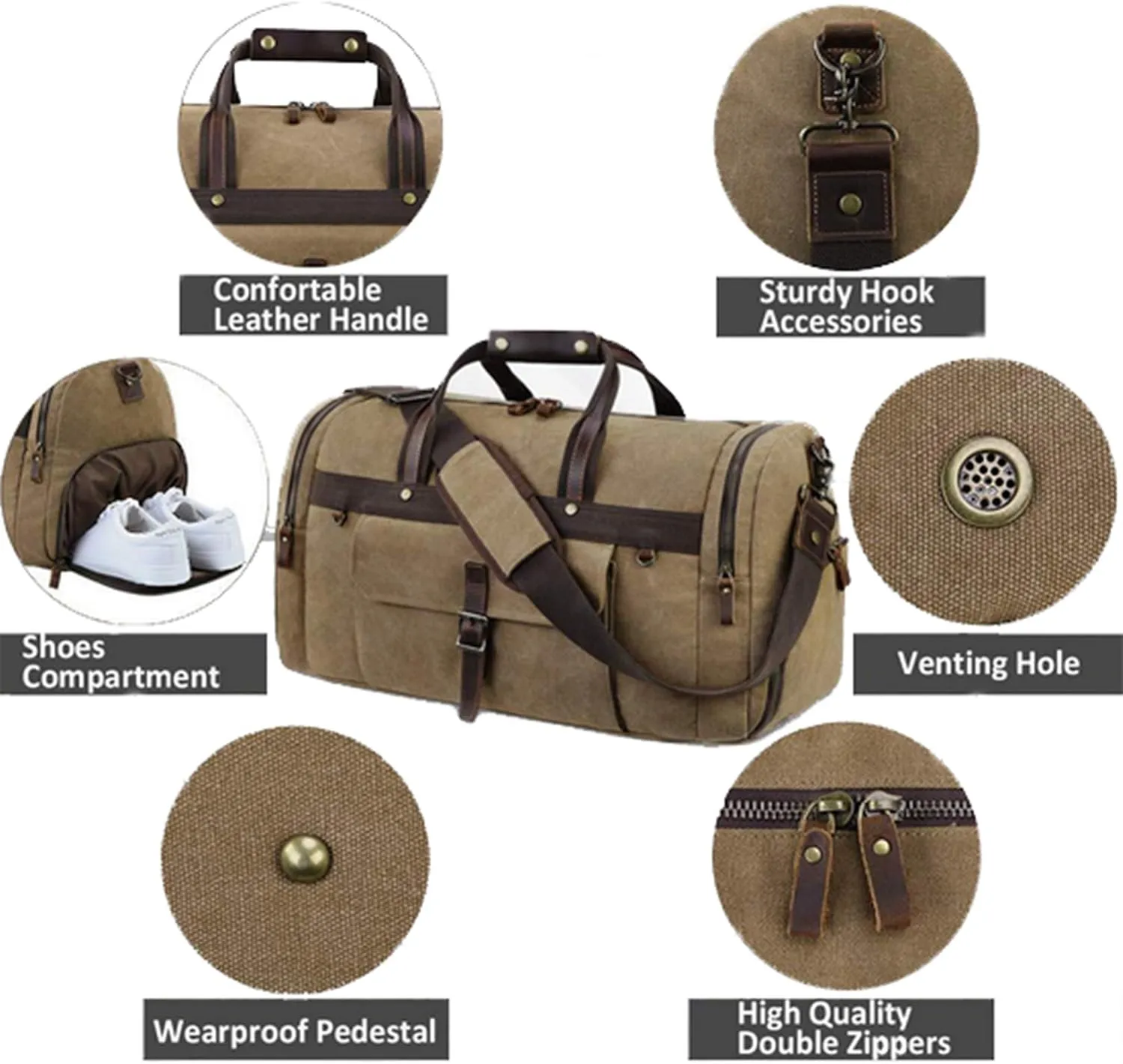 Canvas Travel Duffel Bag for Men 55L Large Capacity Duffel Overnight Weekend Bag Retro Carry on Bag Shoulder Handbag for Travel Business Sports School Outdoor (Khaki)
