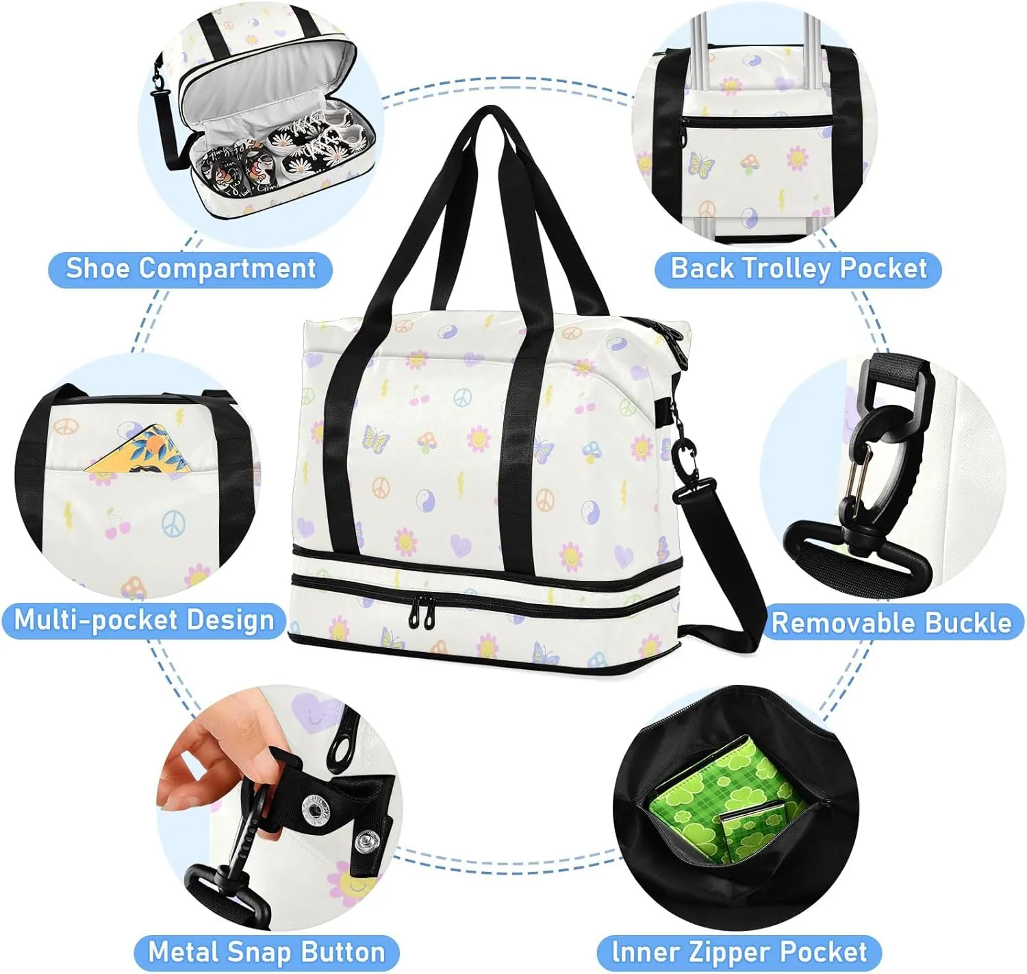 Cartoon Small Fresh Pattern Mens Travel Luggage Waterproof Gym Bags Men, under the Seat Carry on Bag with Wet Pocket and Shoes Compartment