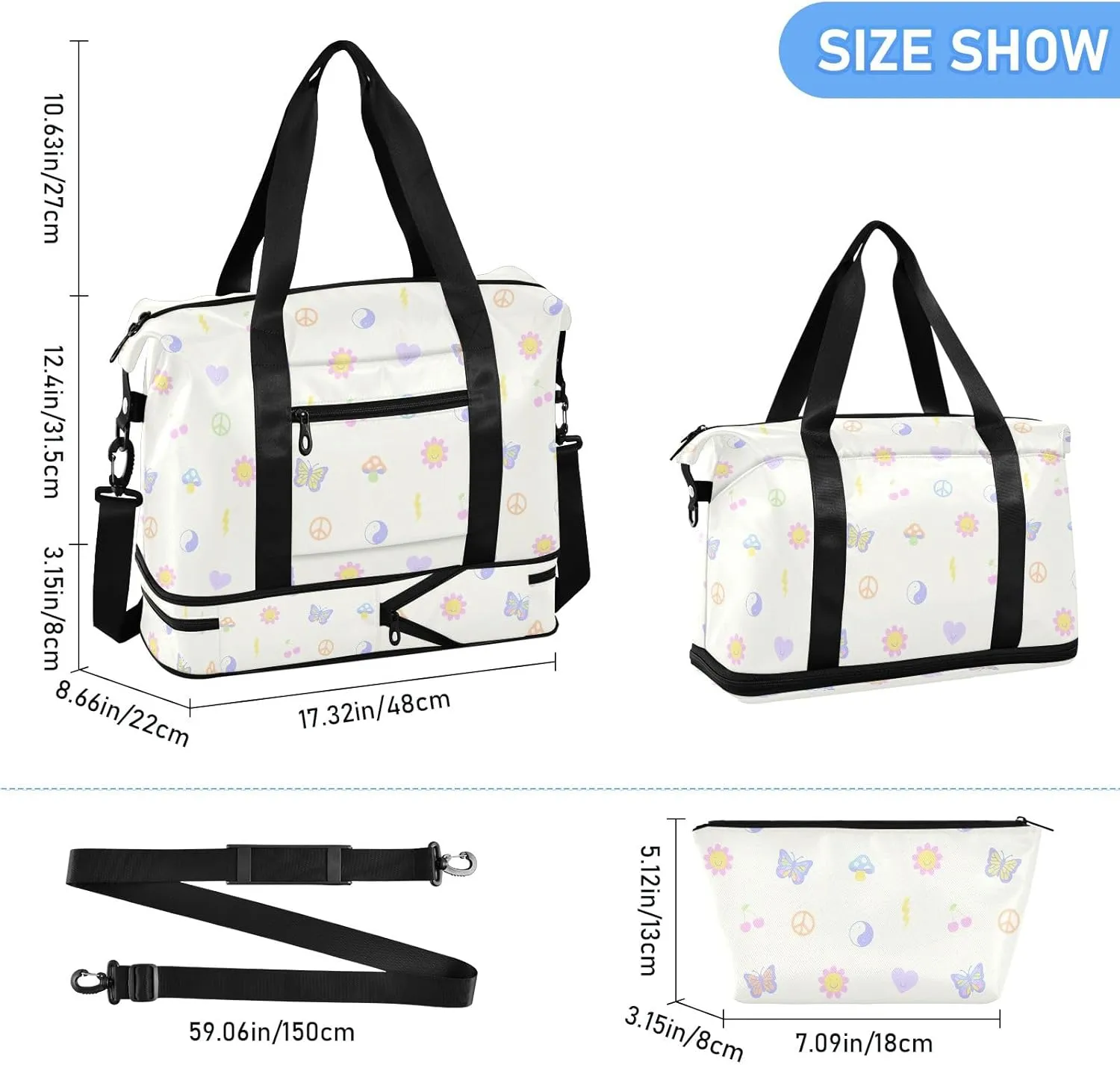 Cartoon Small Fresh Pattern Mens Travel Luggage Waterproof Gym Bags Men, under the Seat Carry on Bag with Wet Pocket and Shoes Compartment