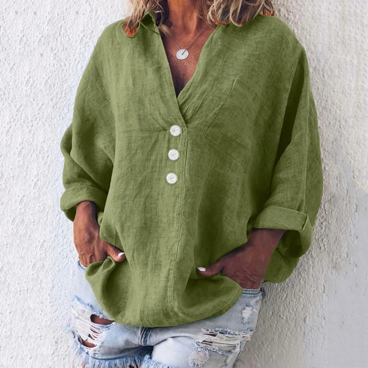 Ceboyel Women Cotton Linen Henley Shirts Oversized Long Sleeve Summer Tops Boho Trendy Blouses Loose Fit Outfits Clothing