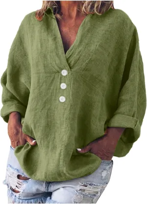 Ceboyel Women Cotton Linen Henley Shirts Oversized Long Sleeve Summer Tops Boho Trendy Blouses Loose Fit Outfits Clothing