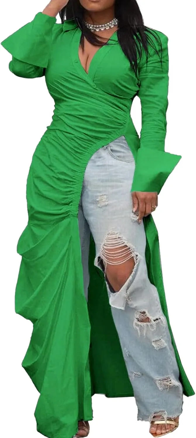 Choichic Women's Deep V Neck Ruched Long Sleeve Side Split High Low Irregular Hem Top Tunic Blouse Long Shirt Dress