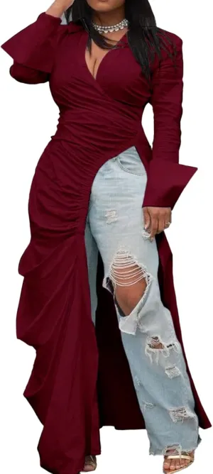 Choichic Women's Deep V Neck Ruched Long Sleeve Side Split High Low Irregular Hem Top Tunic Blouse Long Shirt Dress