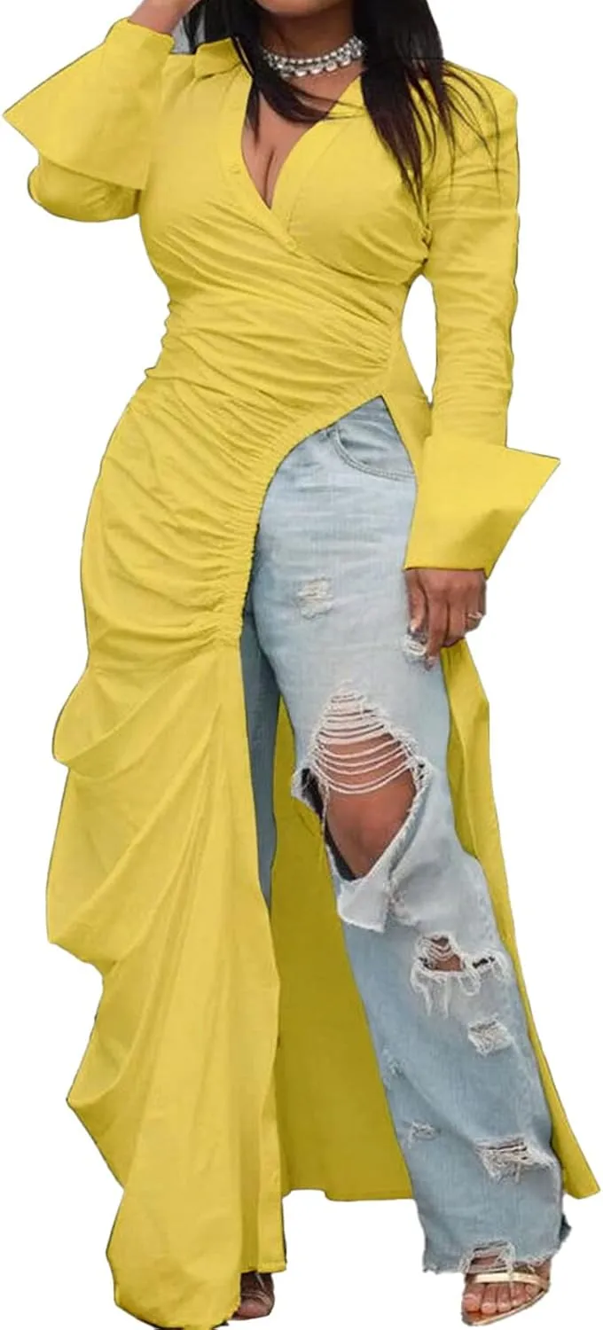 Choichic Women's Deep V Neck Ruched Long Sleeve Side Split High Low Irregular Hem Top Tunic Blouse Long Shirt Dress
