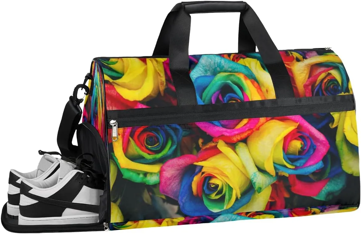 Colorful Roses Resistant Sports Gym Bag for Women Men Travel Duffel bag with Wet Pocket & Shoes Compartment Waterproof Weekender Bag 19.7"x9.9"x13"