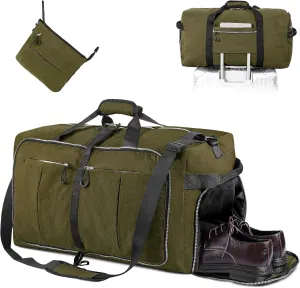 CONTAIL 120L Foldable Nylon Duffle Bag with Thickened Bottom and Shoes Compartment,Waterproof Travel Carry On Bag With Adjustable Strap,Army Green