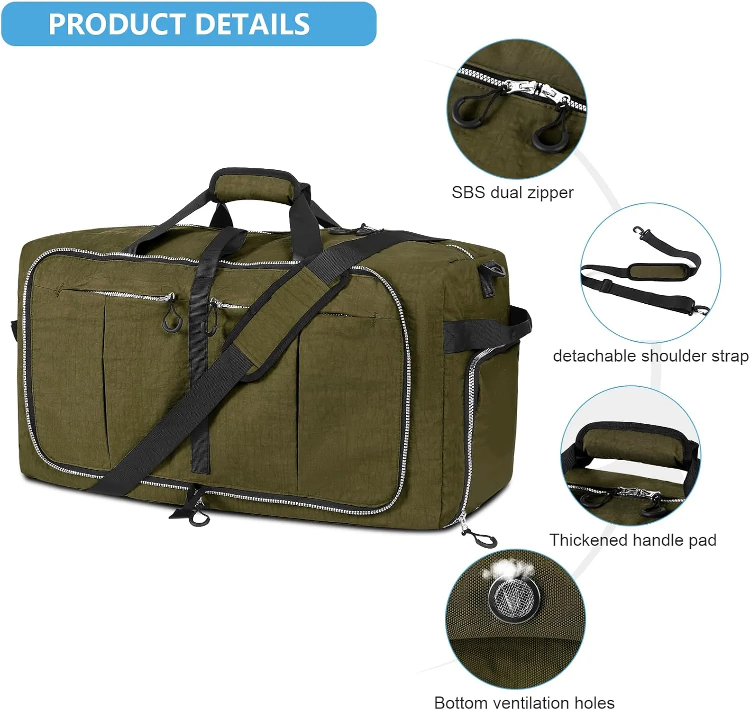 CONTAIL 120L Foldable Nylon Duffle Bag with Thickened Bottom and Shoes Compartment,Waterproof Travel Carry On Bag With Adjustable Strap,Army Green
