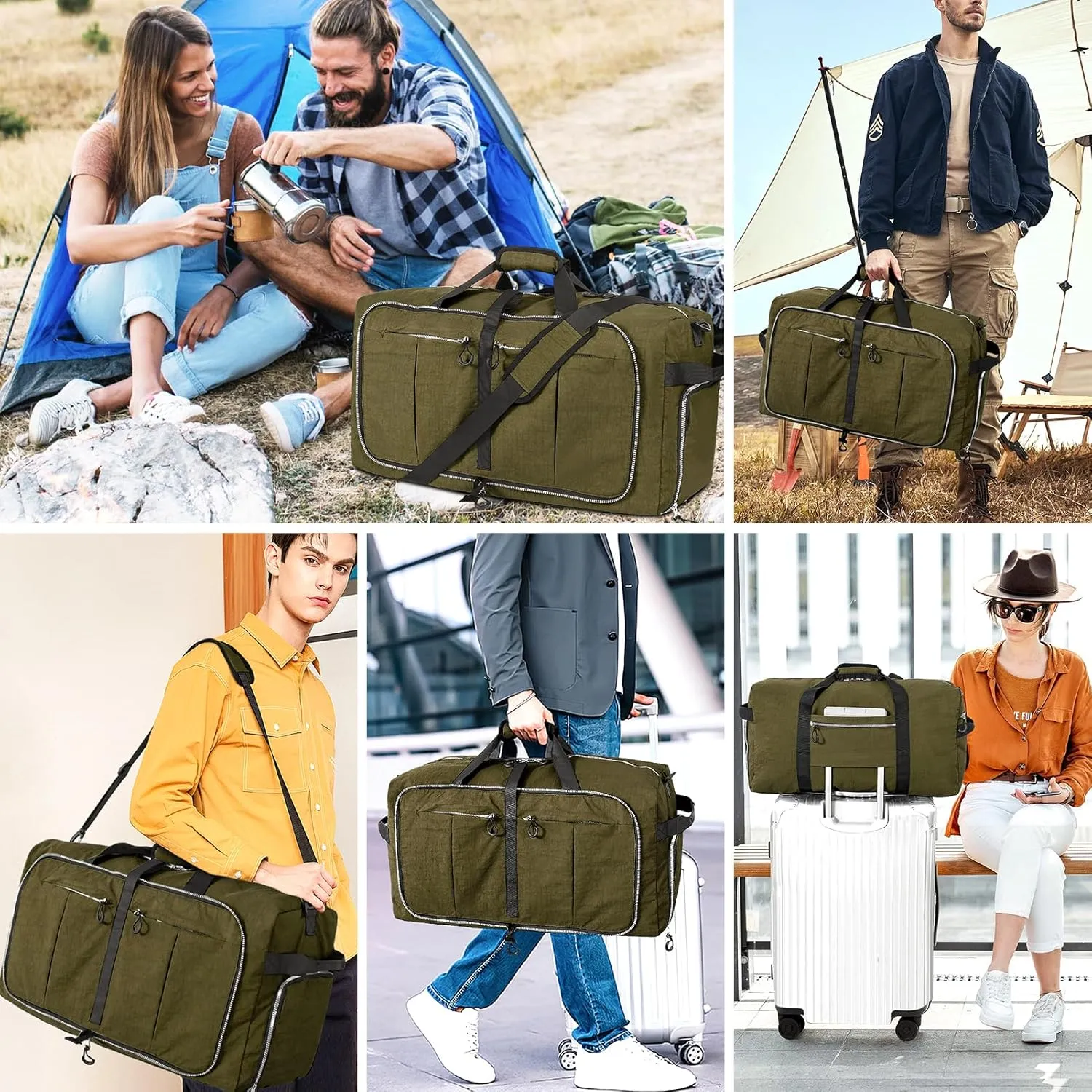 CONTAIL 120L Foldable Nylon Duffle Bag with Thickened Bottom and Shoes Compartment,Waterproof Travel Carry On Bag With Adjustable Strap,Army Green