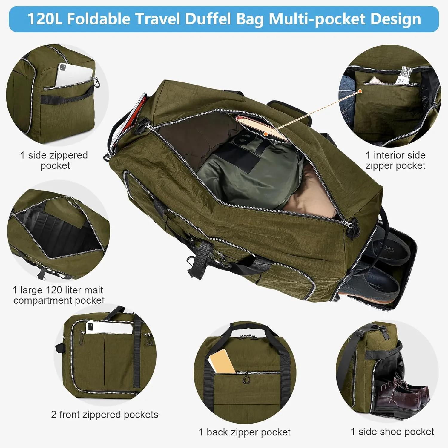 CONTAIL 120L Foldable Nylon Duffle Bag with Thickened Bottom and Shoes Compartment,Waterproof Travel Carry On Bag With Adjustable Strap,Army Green