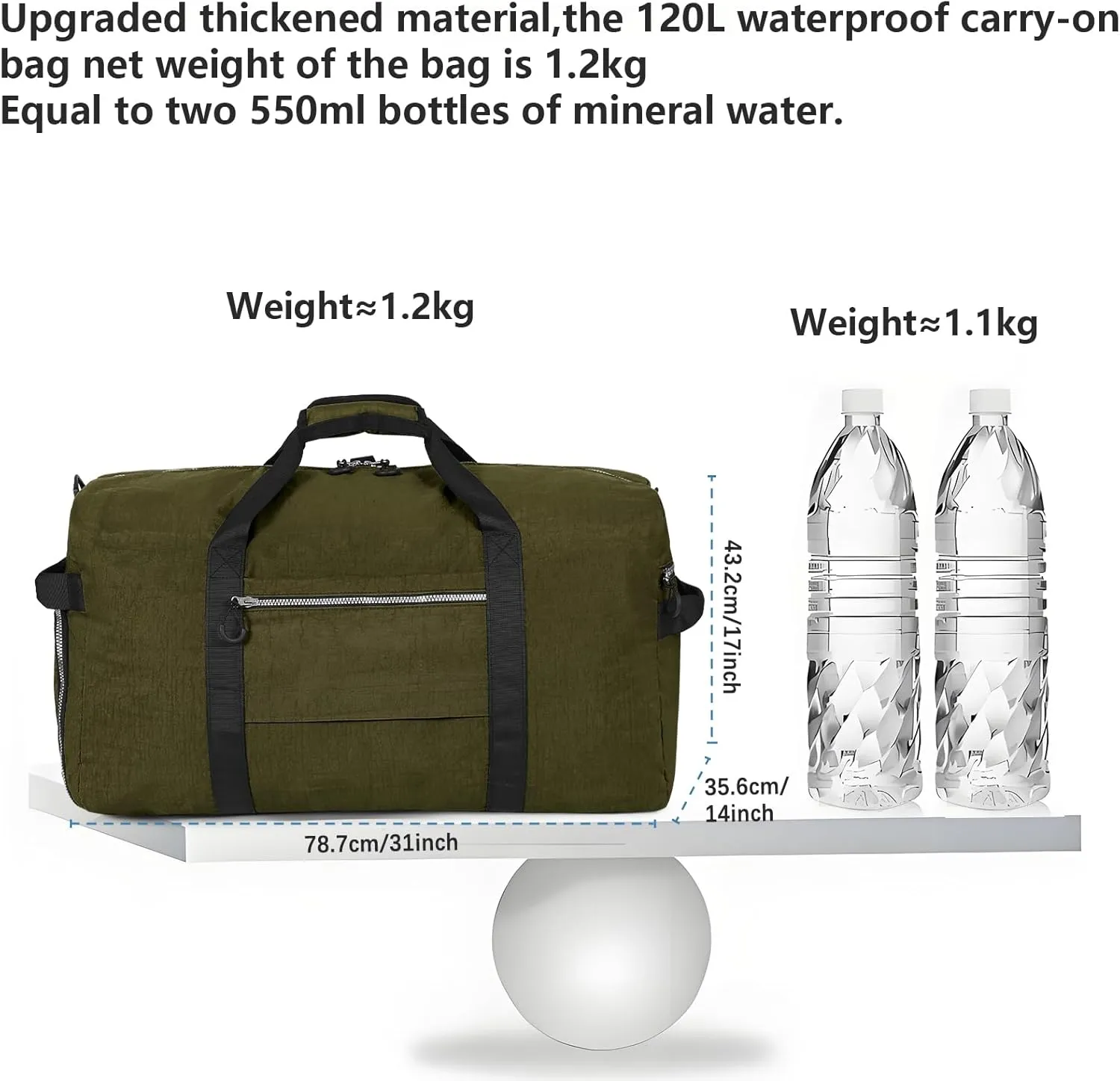 CONTAIL 120L Foldable Nylon Duffle Bag with Thickened Bottom and Shoes Compartment,Waterproof Travel Carry On Bag With Adjustable Strap,Army Green
