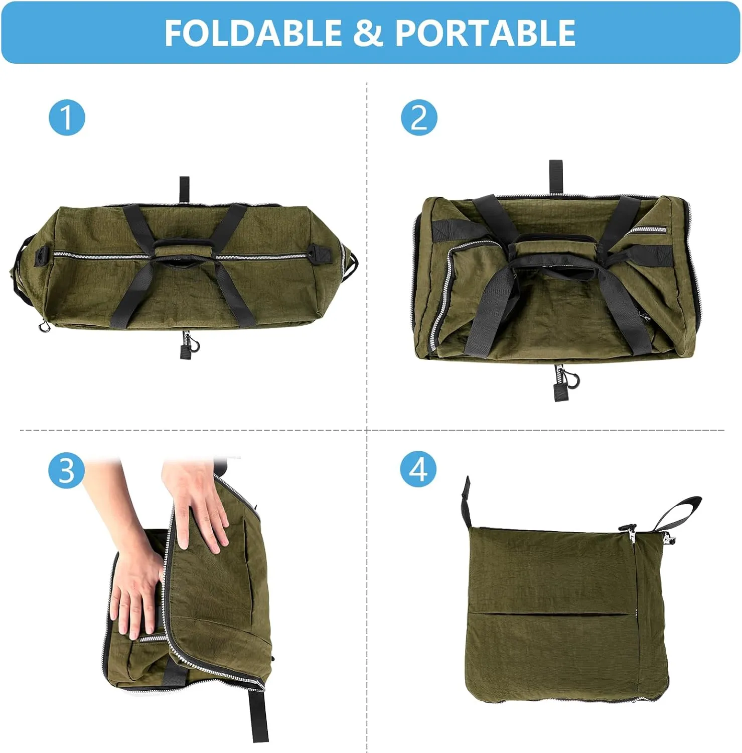 CONTAIL 120L Foldable Nylon Duffle Bag with Thickened Bottom and Shoes Compartment,Waterproof Travel Carry On Bag With Adjustable Strap,Army Green