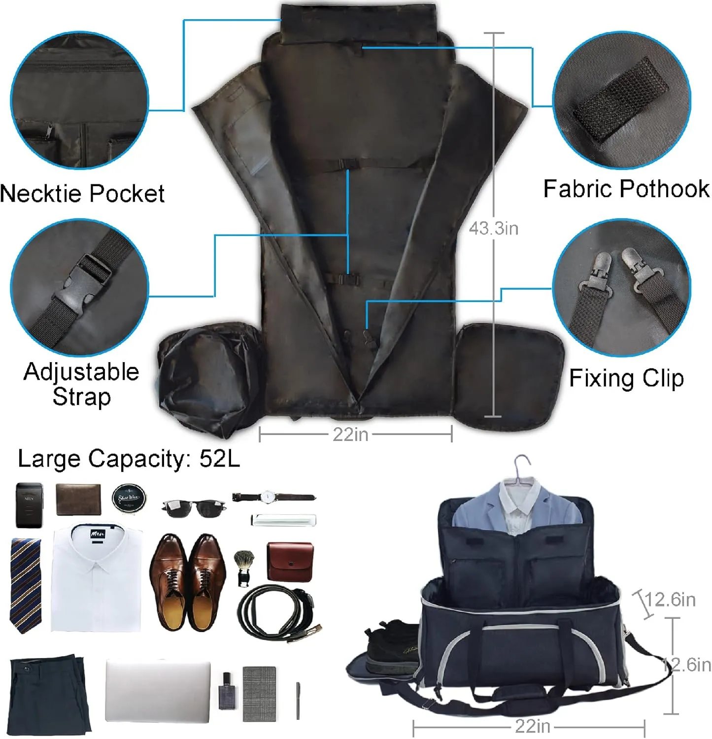 Convertible Duffle Garment Bag, Garment Duffle Bags for Travel, 4 in 1 Garment Bag with Shoulder Strap, Carry on Garment Duffel Bag for Men, Foldable Duffel Suit Bag for Business, Black