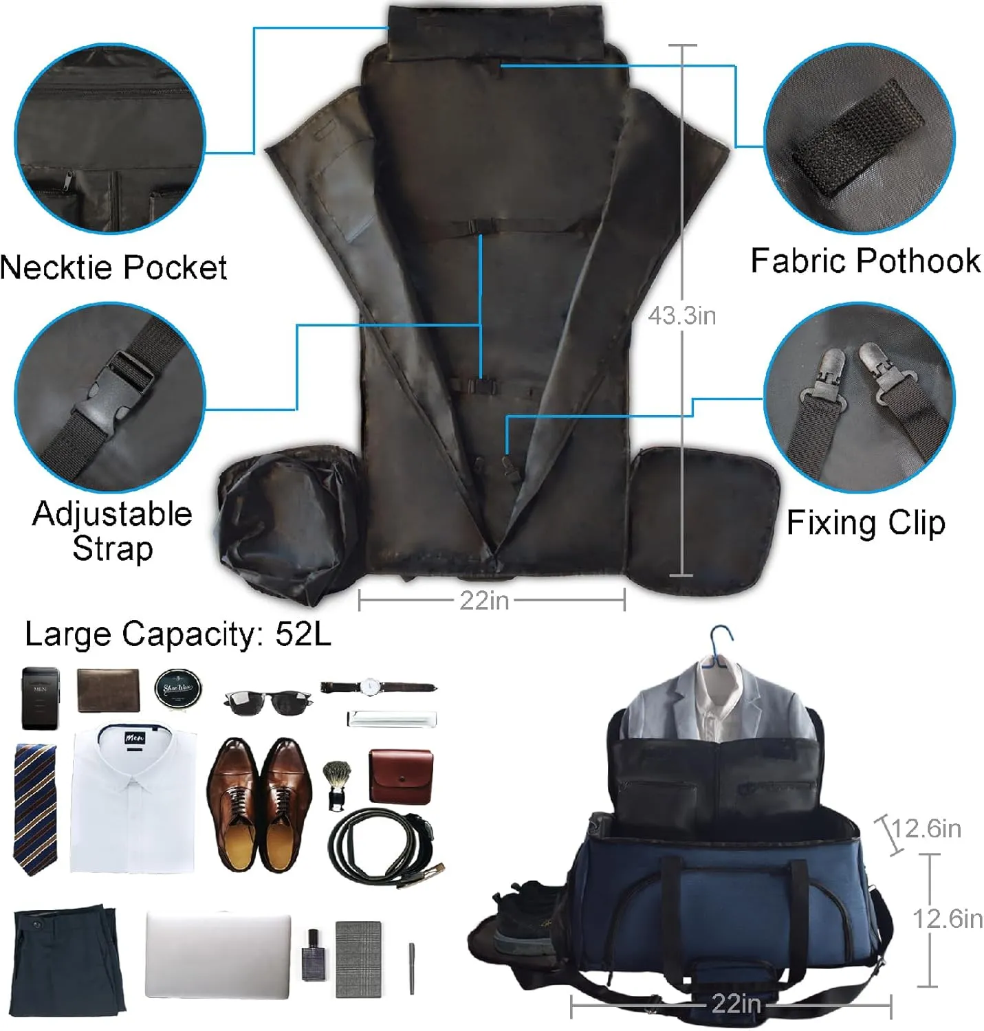 Convertible Duffle Garment Bag, Garment Duffle Bags for Travel, 4 in 1 Garment Bag with Shoulder Strap, Carry on Garment Duffel Bag for Men, Foldable Duffel Suit Bag for Business, Dark Blue