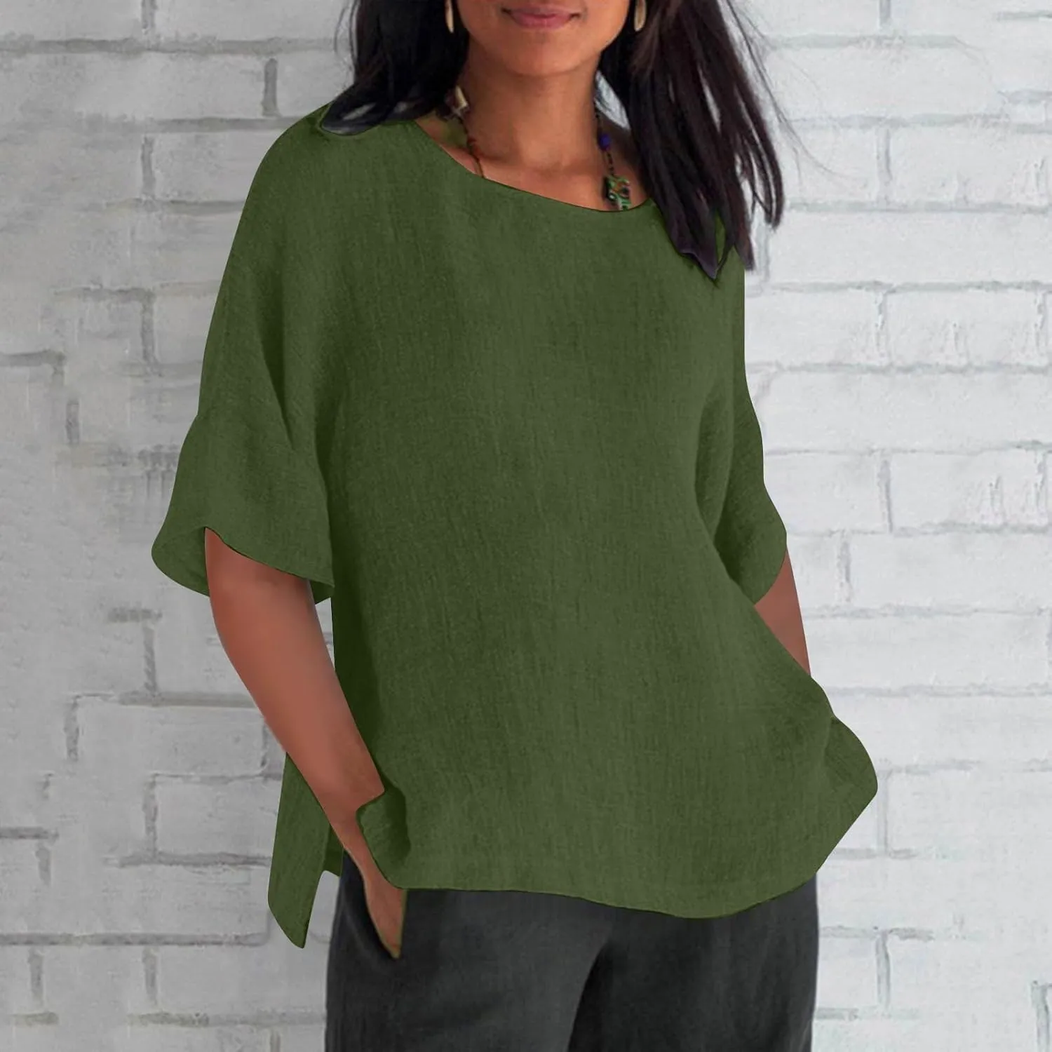 Cotton Linen Shirt for Women 2025 Vacation Summer Loose Fit Casual 3/4 Sleeve Tops Tshirt Cotton Blouse Basic Tees