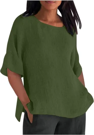 Cotton Linen Shirt for Women 2025 Vacation Summer Loose Fit Casual 3/4 Sleeve Tops Tshirt Cotton Blouse Basic Tees
