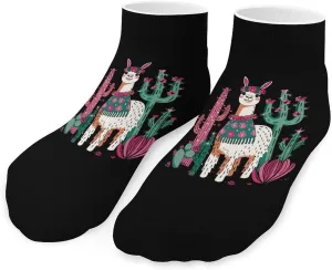 Cute Llama with Flower & Cactus Printed Ankle Socks No Show Sock Low-Cut Athletic Socks for Men Women 1 Pair