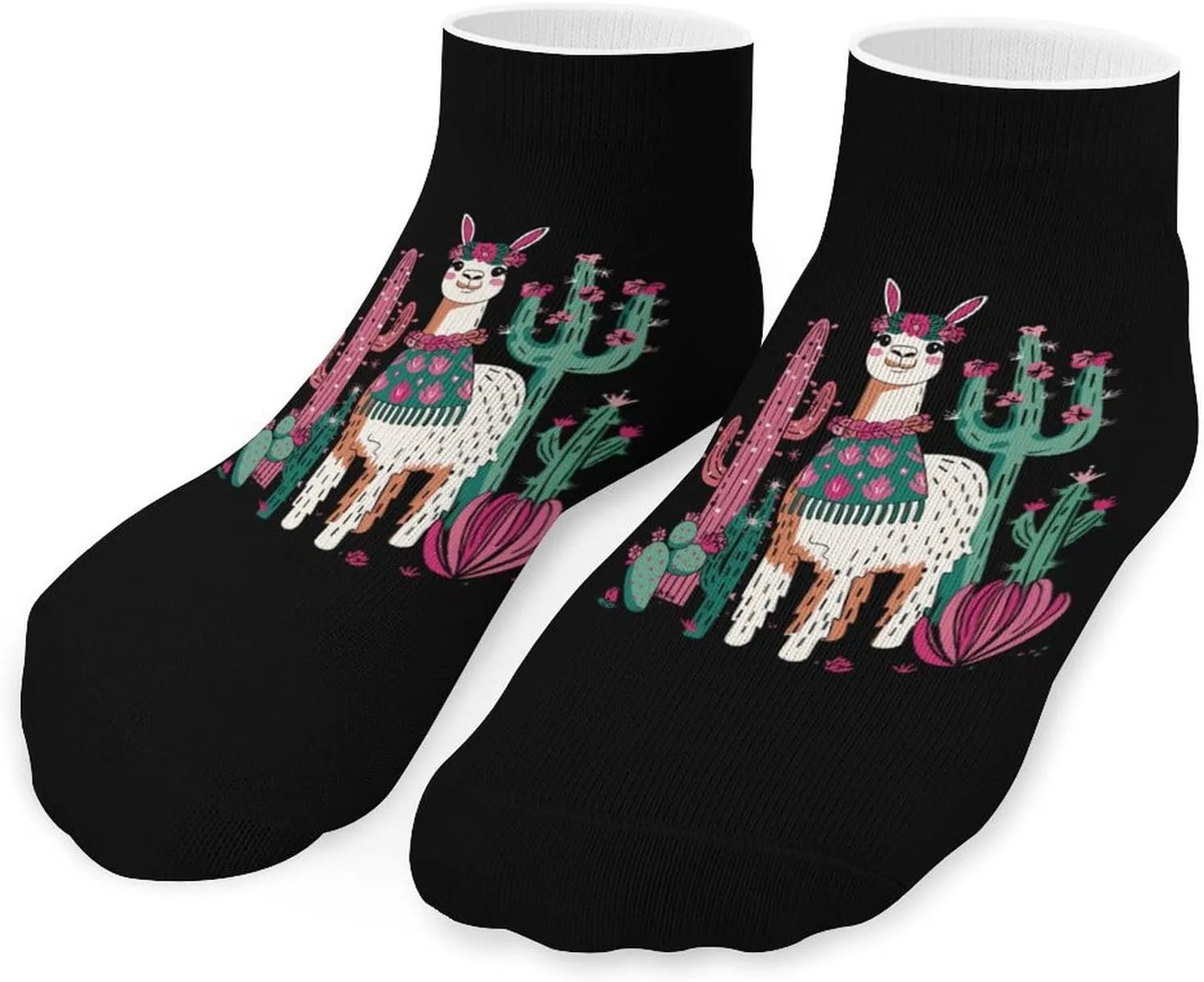 Cute Llama with Flower & Cactus Printed Ankle Socks No Show Sock Low-Cut Athletic Socks for Men Women 1 Pair
