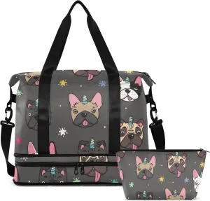 Cute Unicorn Pugs and French Bulldogs Travel Duffel Bag for Women Men Gym Bag with Shoe Compartment Wet Pocket Carry On Weekender Overnight Bags for Traveling Gym Workout