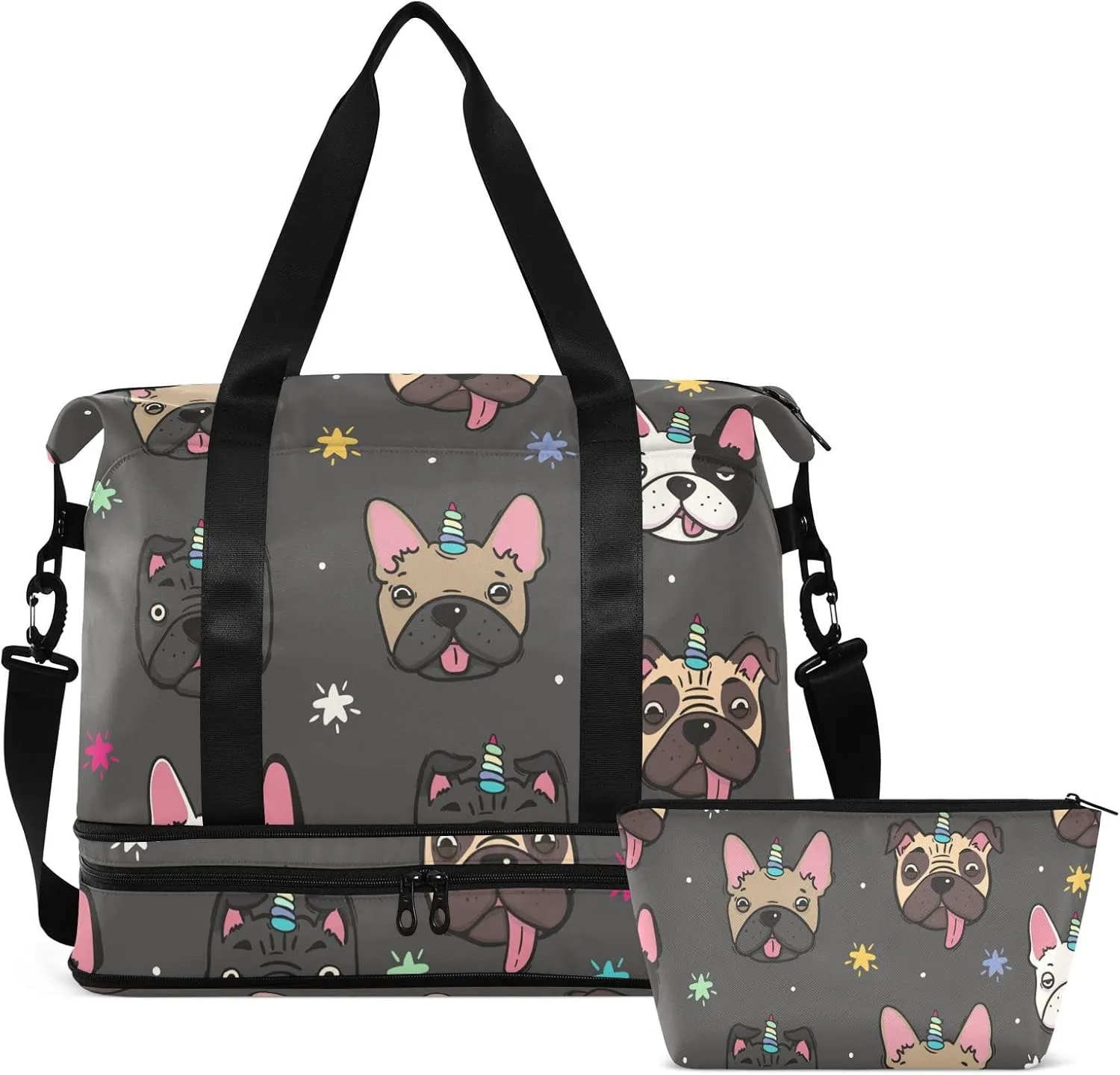 Cute Unicorn Pugs and French Bulldogs Travel Duffel Bag for Women Men Gym Bag with Shoe Compartment Wet Pocket Carry On Weekender Overnight Bags for Traveling Gym Workout