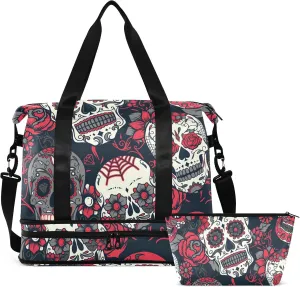 Day Of The Dead Colorful Sugar Skull Travel Duffel Bag for Women Men Gym Bag with Shoe Compartment Wet Pocket Carry On Weekender Overnight Bags for Yoga School Travel Gym