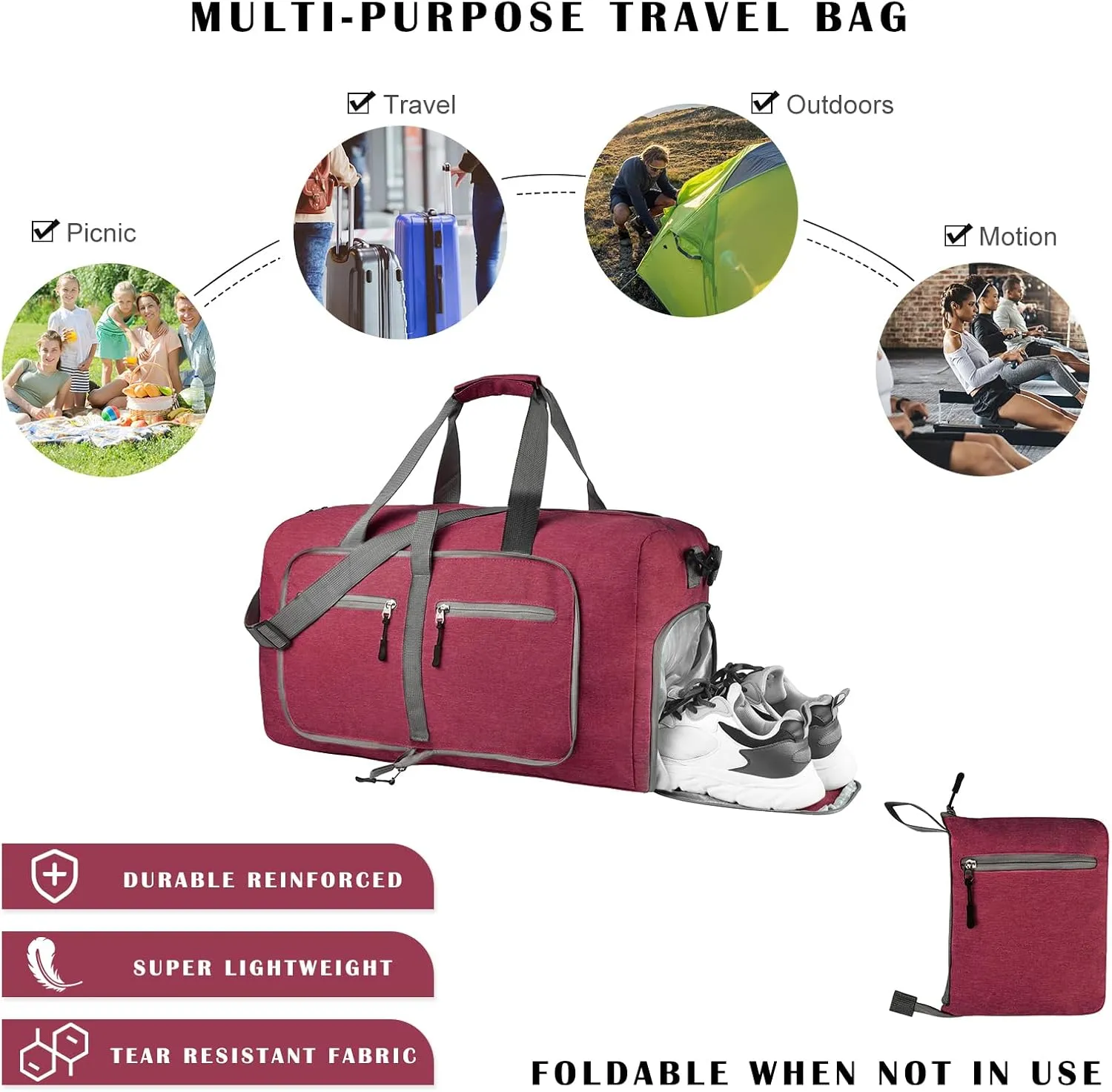 Dimayar 40L/65L/85L/115L Duffle Bag - Foldable Duffel Bag with Shoes Compartment Travel Duffle Bag Waterproof & Tear Resistant, B Red, 115L