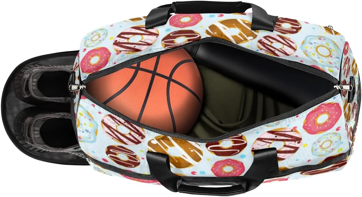 Donuts Sports Gym Bag for Women Men Travel Duffel Bag with Wet Pocket & Shoes Compartment Waterproof Weekender Overnight Tote Carry on Bag Lightweight