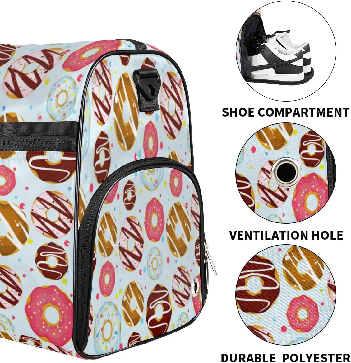 Donuts Sports Gym Bag for Women Men Travel Duffel Bag with Wet Pocket & Shoes Compartment Waterproof Weekender Overnight Tote Carry on Bag Lightweight