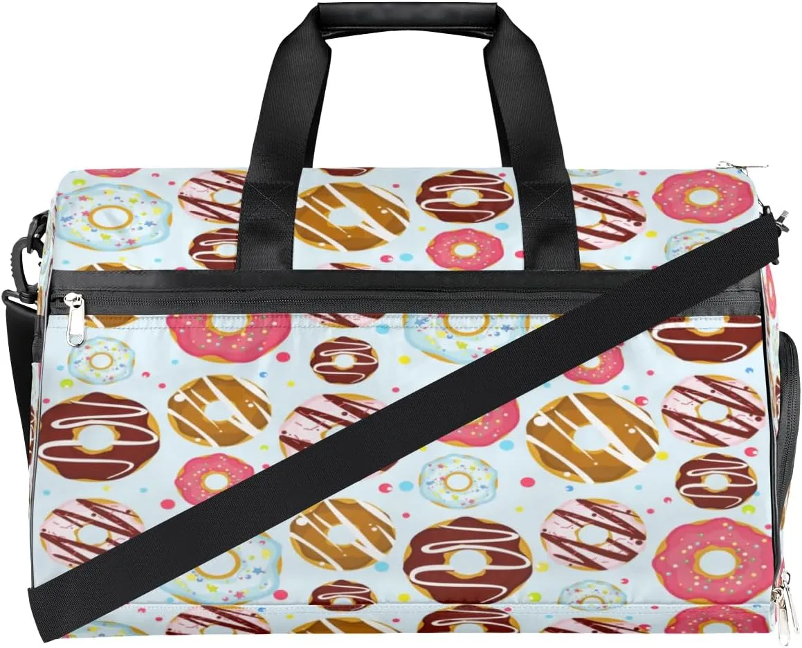 Donuts Sports Gym Bag for Women Men Travel Duffel Bag with Wet Pocket & Shoes Compartment Waterproof Weekender Overnight Tote Carry on Bag Lightweight