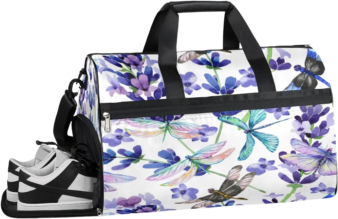 Dragonfly Floral Resistant Sports Gym Bag for Women Men Travel Duffel bag with Wet Pocket & Shoes Compartment Waterproof Weekender Bag 19.7"x9.9"x13"
