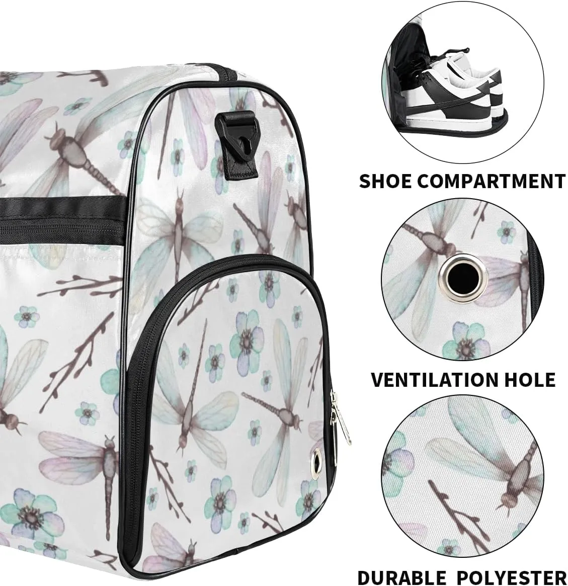 Dragonfly Sports Gym Bag for Women Men Travel Duffel Bag with Wet Pocket & Shoes Compartment Waterproof Weekender Overnight Tote Carry on Bag Lightweight
