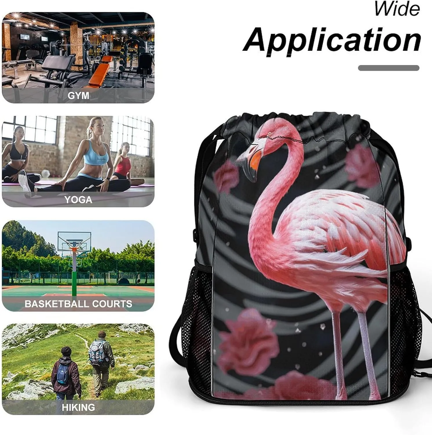 Drawstring Backpack,Flamingo Printed Drawstring Bags,String Backpack with Shoes Compartment And Wet Proof Pocket,Small Sports Gym Cinch Bags for Women & Men